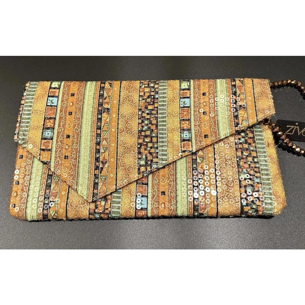 NWT Zenzii Beaded Envelope Clutch - Artisan Handmade India - Earth Tones & Gold